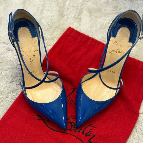 Christian Louboutin | Electric Blue Patent Leather Criss Cross Blake 100 Pumps - Picture 13 of 17